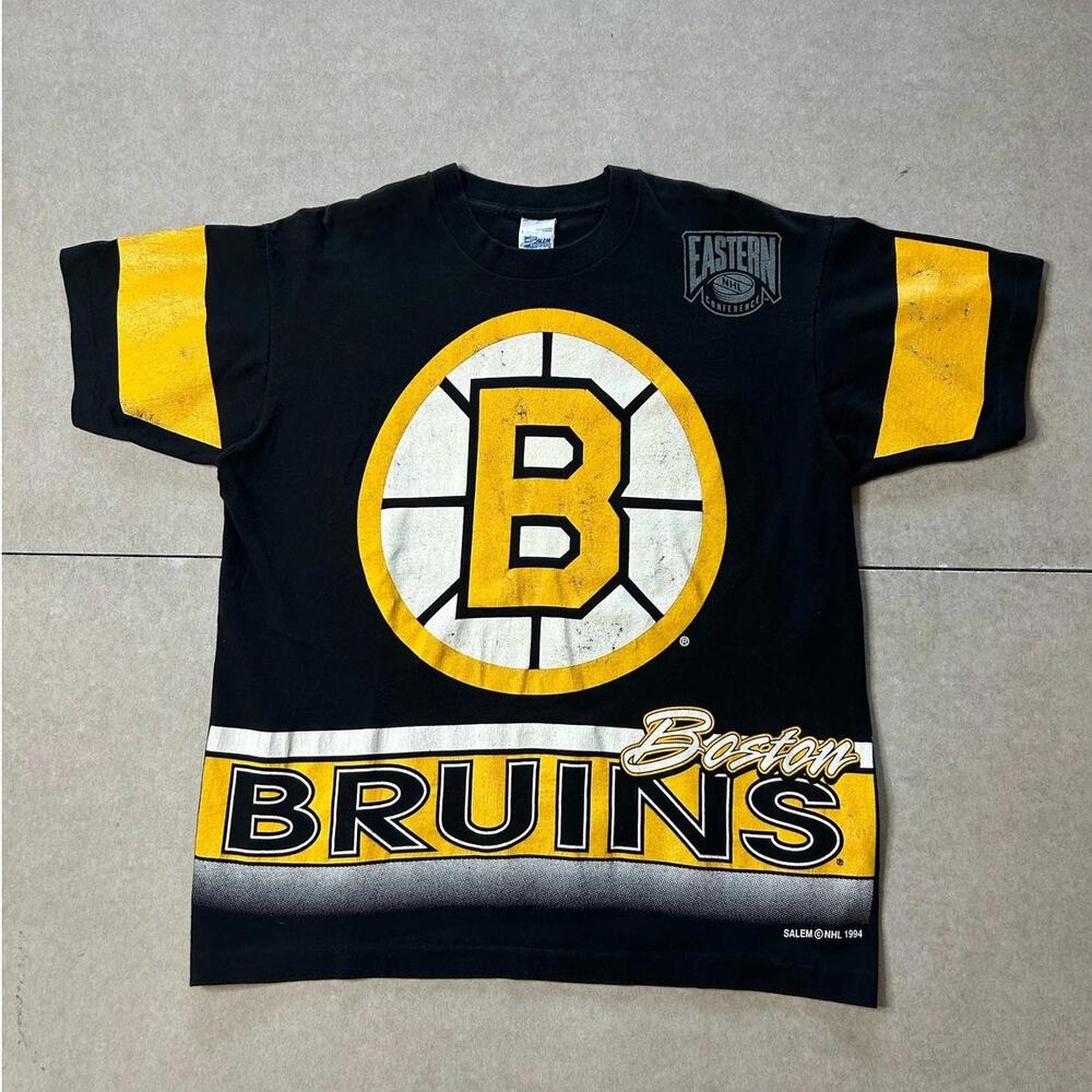 90s Vintage Boston Bruins Salem Black AOP T Shirt Size L